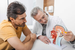 Physiatrist showing head structures on anatomical model to patient with headaches during consultation for concussion and migraine treatments