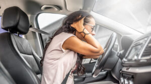 Female driver with headache or in desperation holds her head with both hands sitting on a driver's seat, after a car accident.